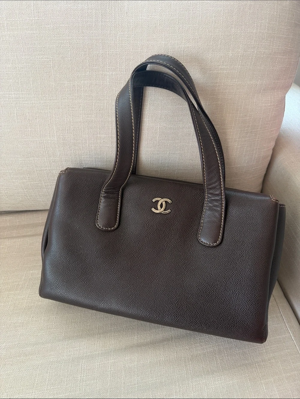 CHANEL Chocolate Brown Leather Double-C Top-Handle Bag